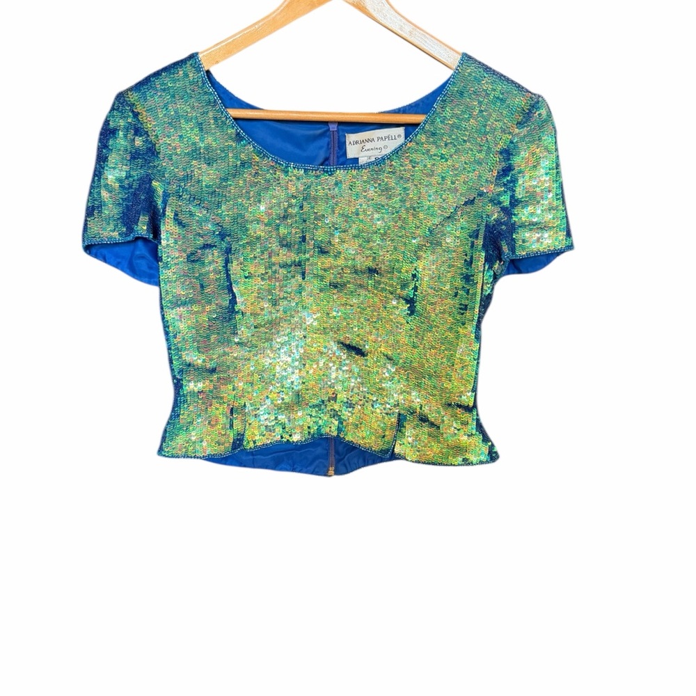 Vintage Adrianna Papell Evening Sequined Crop Top - Blue and Green